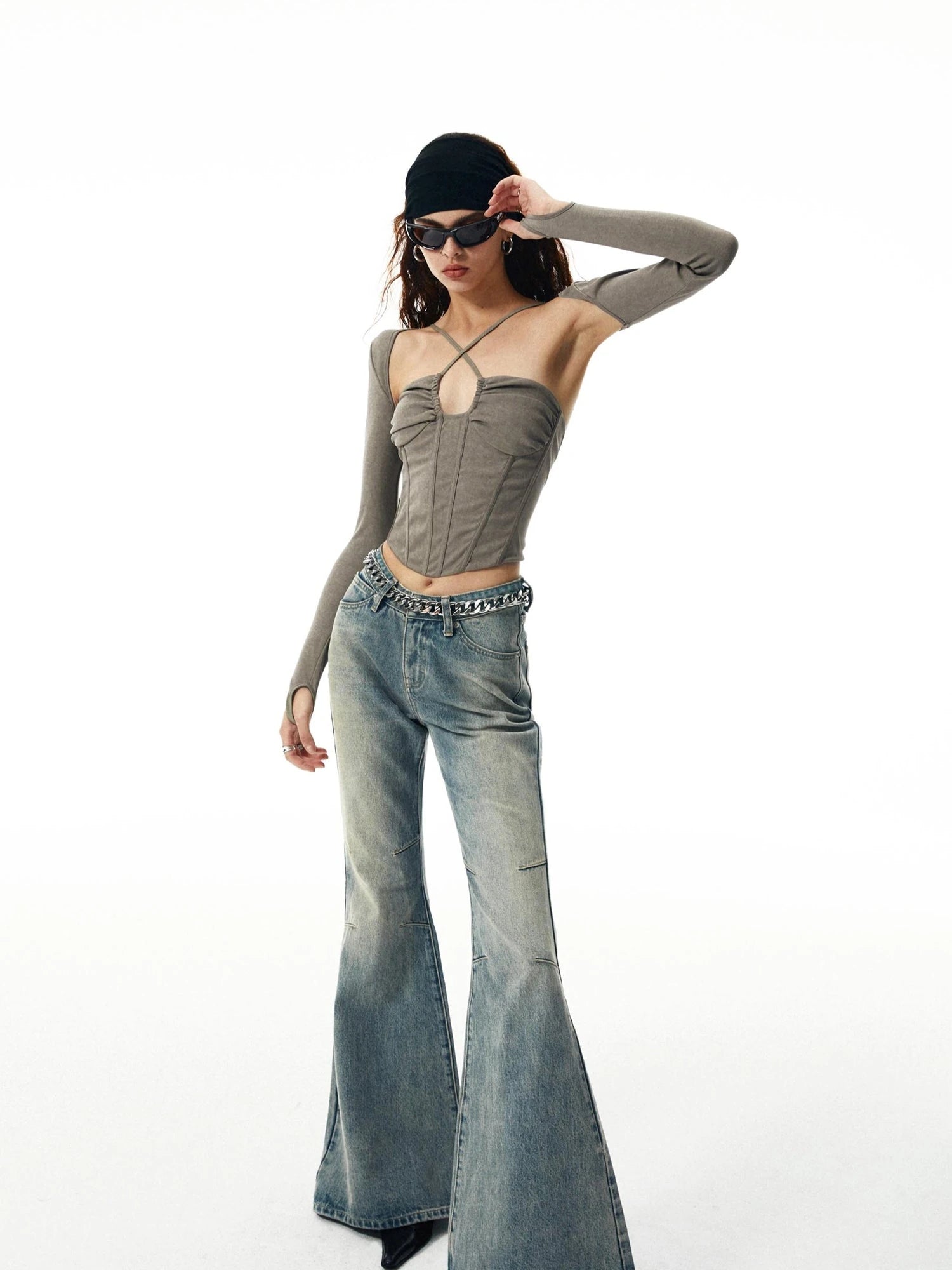 Washed Khaki Gray Fishbone Ruffle Halter Sleeve Set