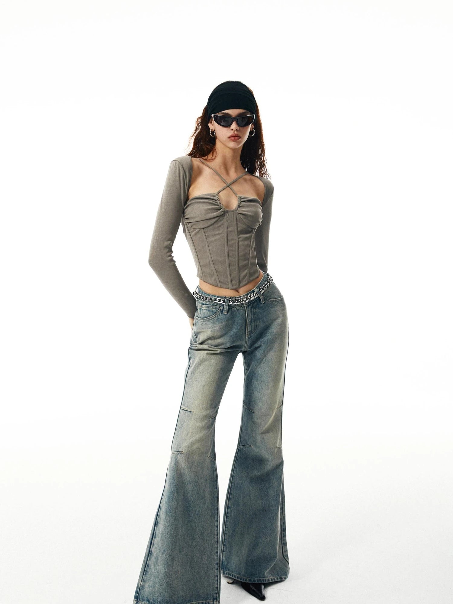 Washed Khaki Gray Fishbone Ruffle Halter Sleeve Set