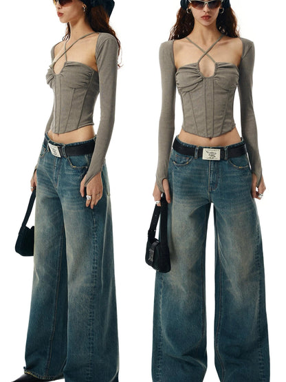 Washed Khaki Gray Fishbone Ruffle Halter Sleeve Set