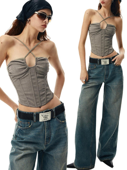 Washed Khaki Gray Fishbone Ruffle Halter Sleeve Set