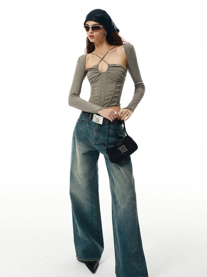 Washed Khaki Gray Fishbone Ruffle Halter Sleeve Set