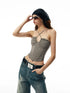 Washed Khaki Gray Fishbone Ruffle Halter Sleeve Set