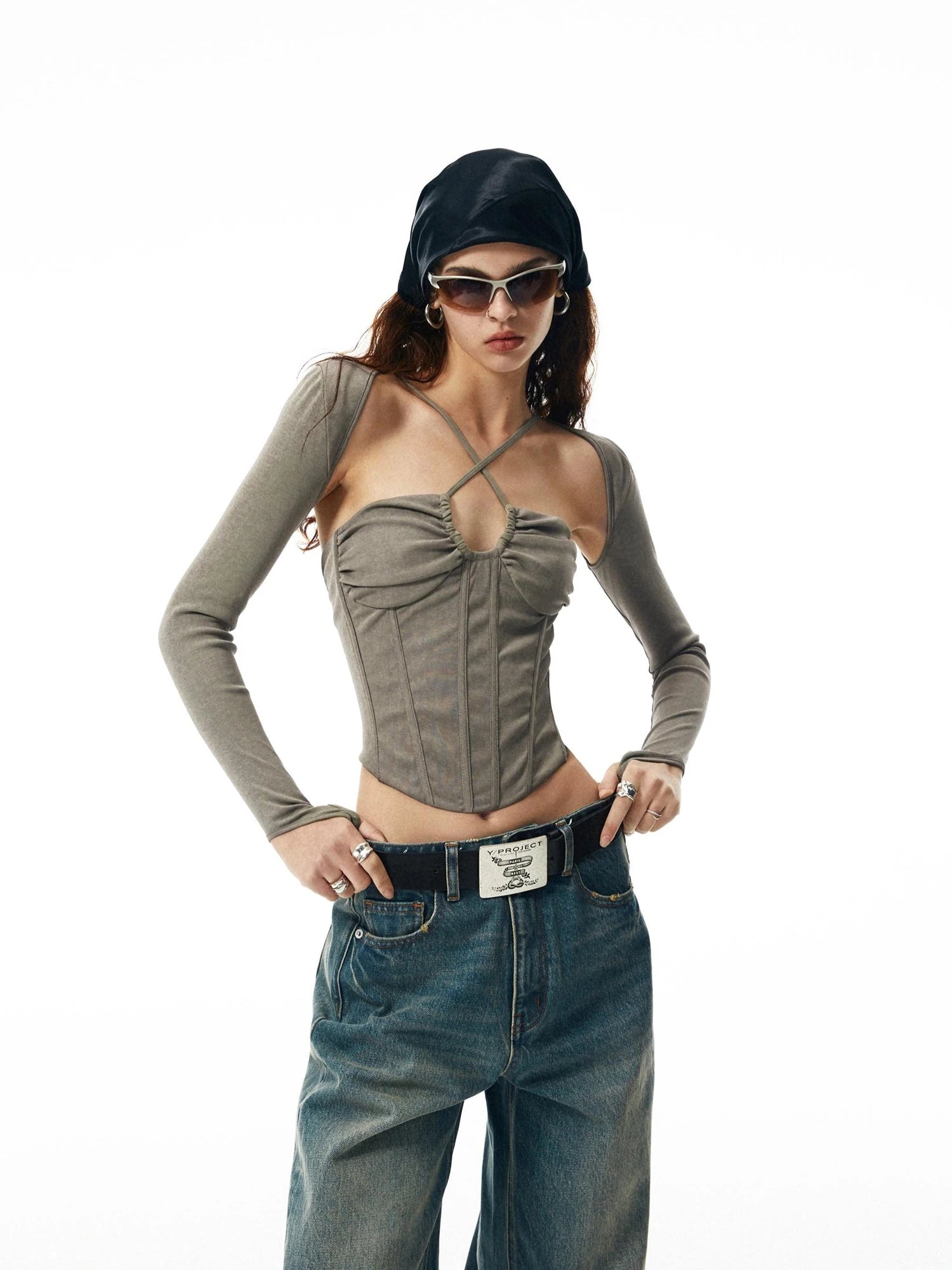 Washed Khaki Gray Fishbone Ruffle Halter Sleeve Set