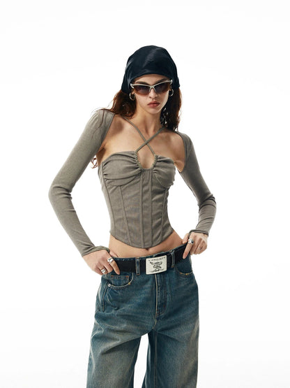 Washed Khaki Gray Fishbone Ruffle Halter Sleeve Set