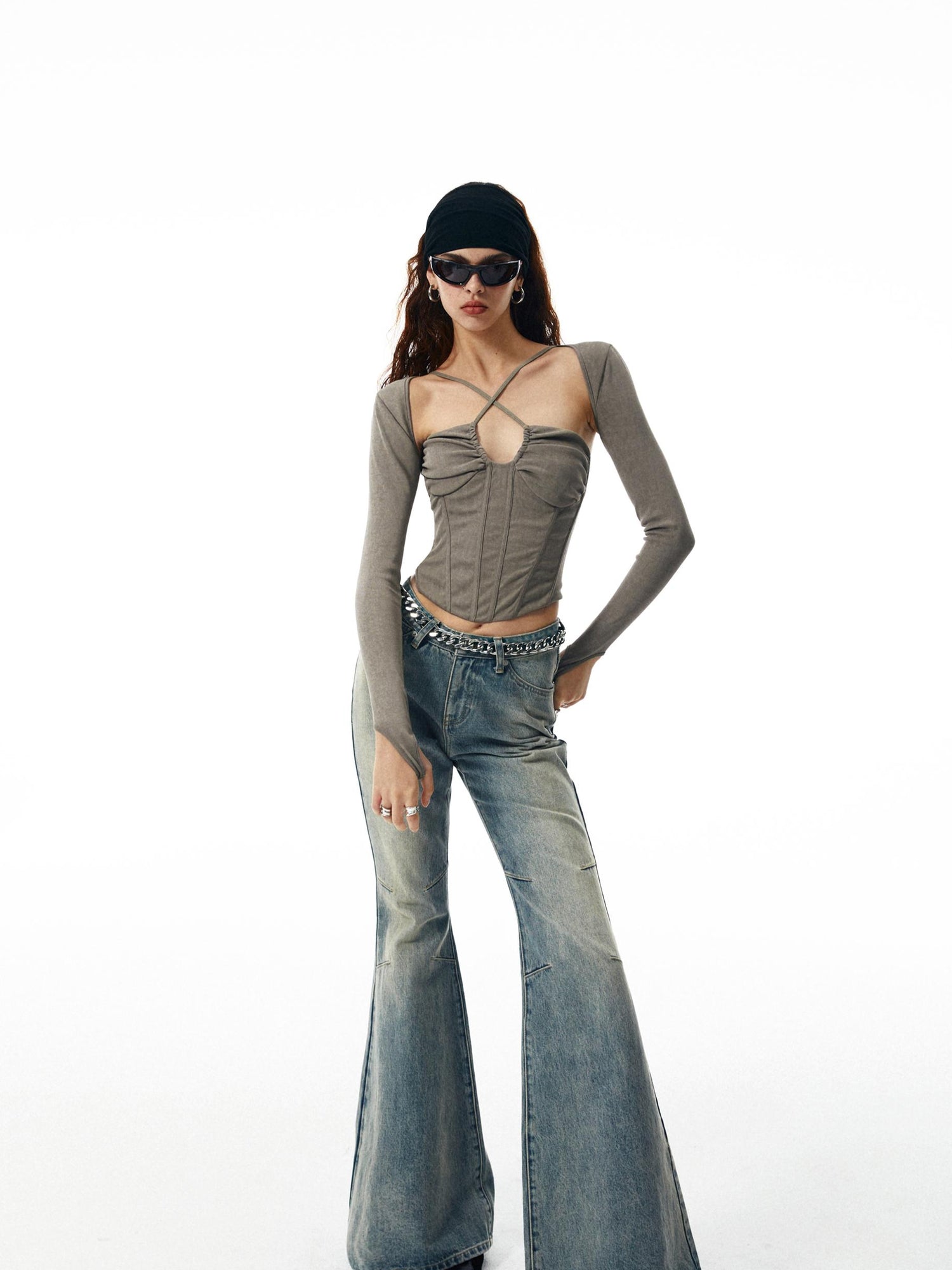 commonce net Washed Khaki Gray Fishbone Ruffle Halter Sleeve Set