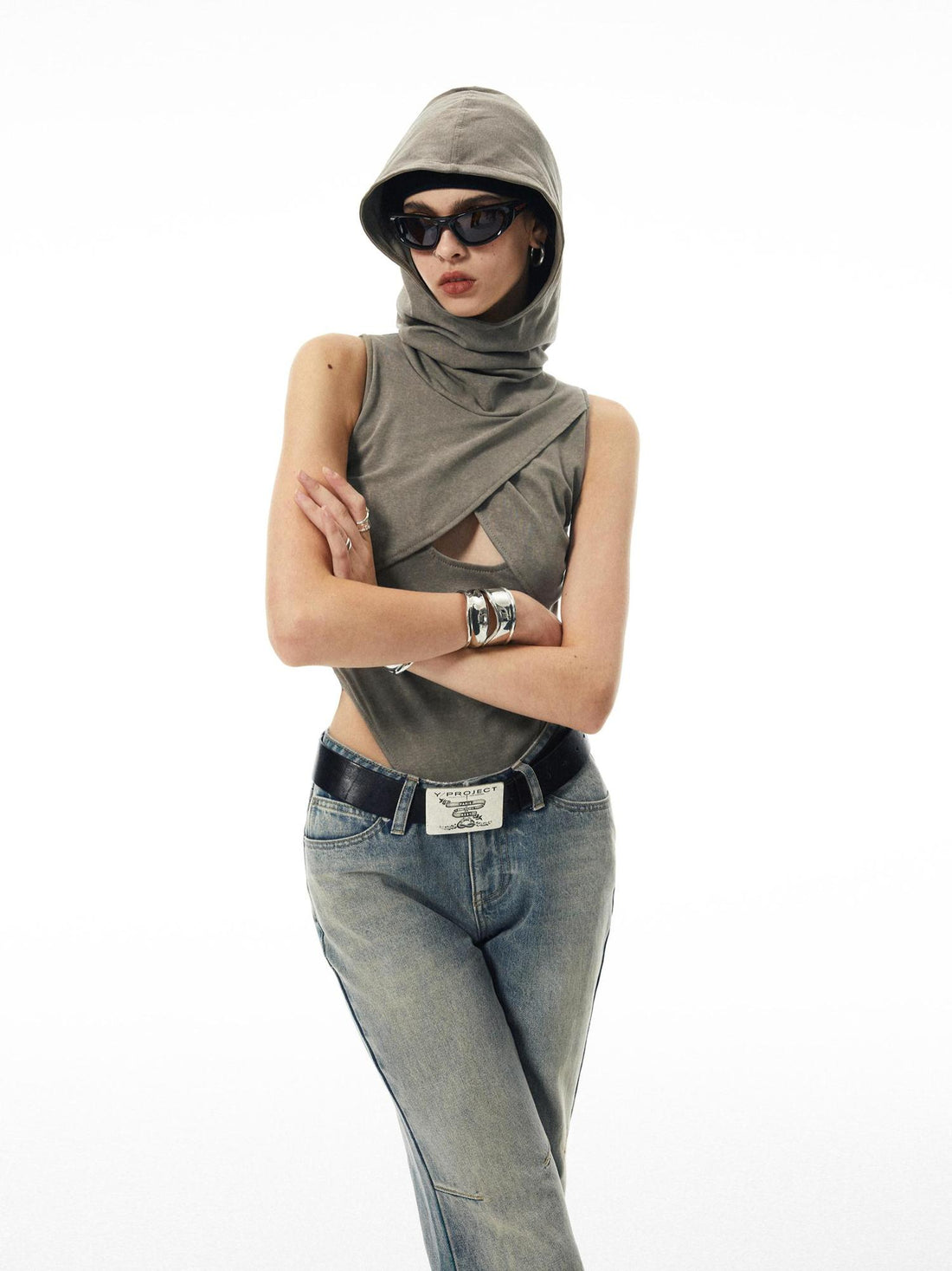 commonce net Washed Khaki Hollowed Hooded Ribbed Jumpsuit