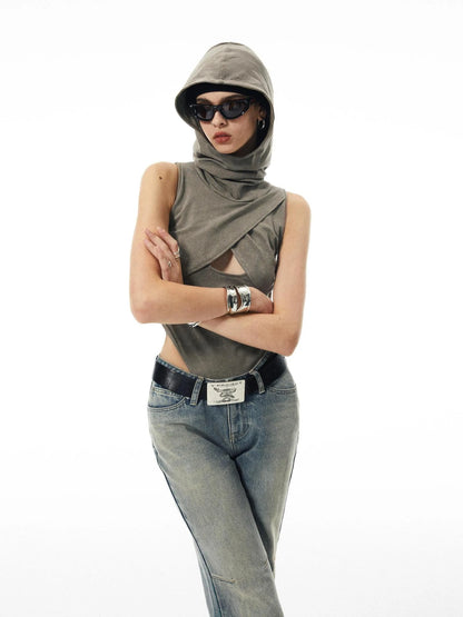 Washed Khaki Hollowed Hooded Ribbed Jumpsuit