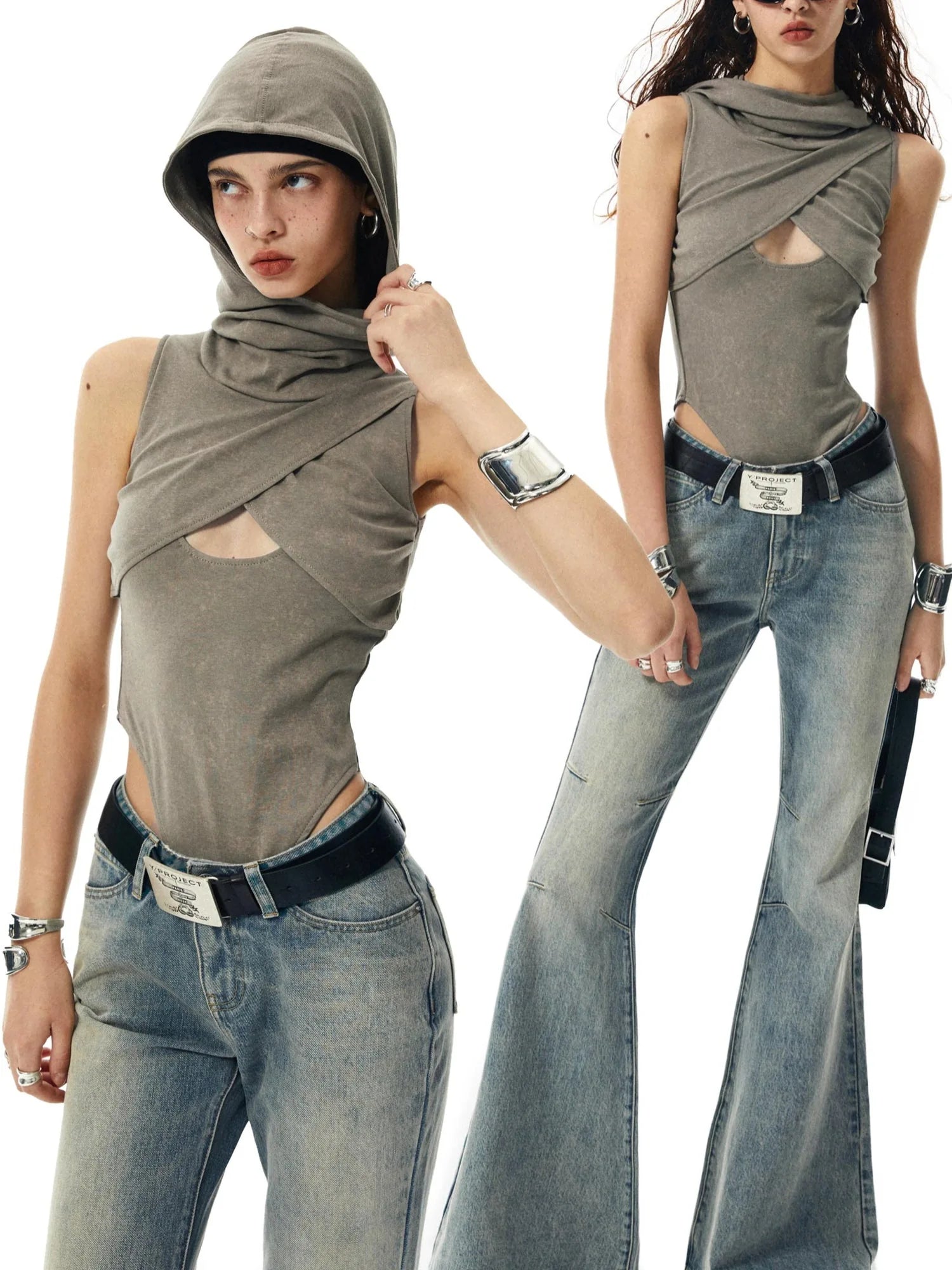 Washed Khaki Hollowed Hooded Ribbed Jumpsuit