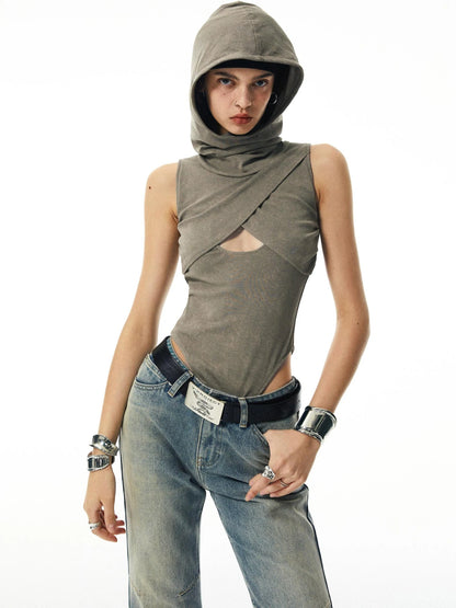 Washed Khaki Hollowed Hooded Ribbed Jumpsuit