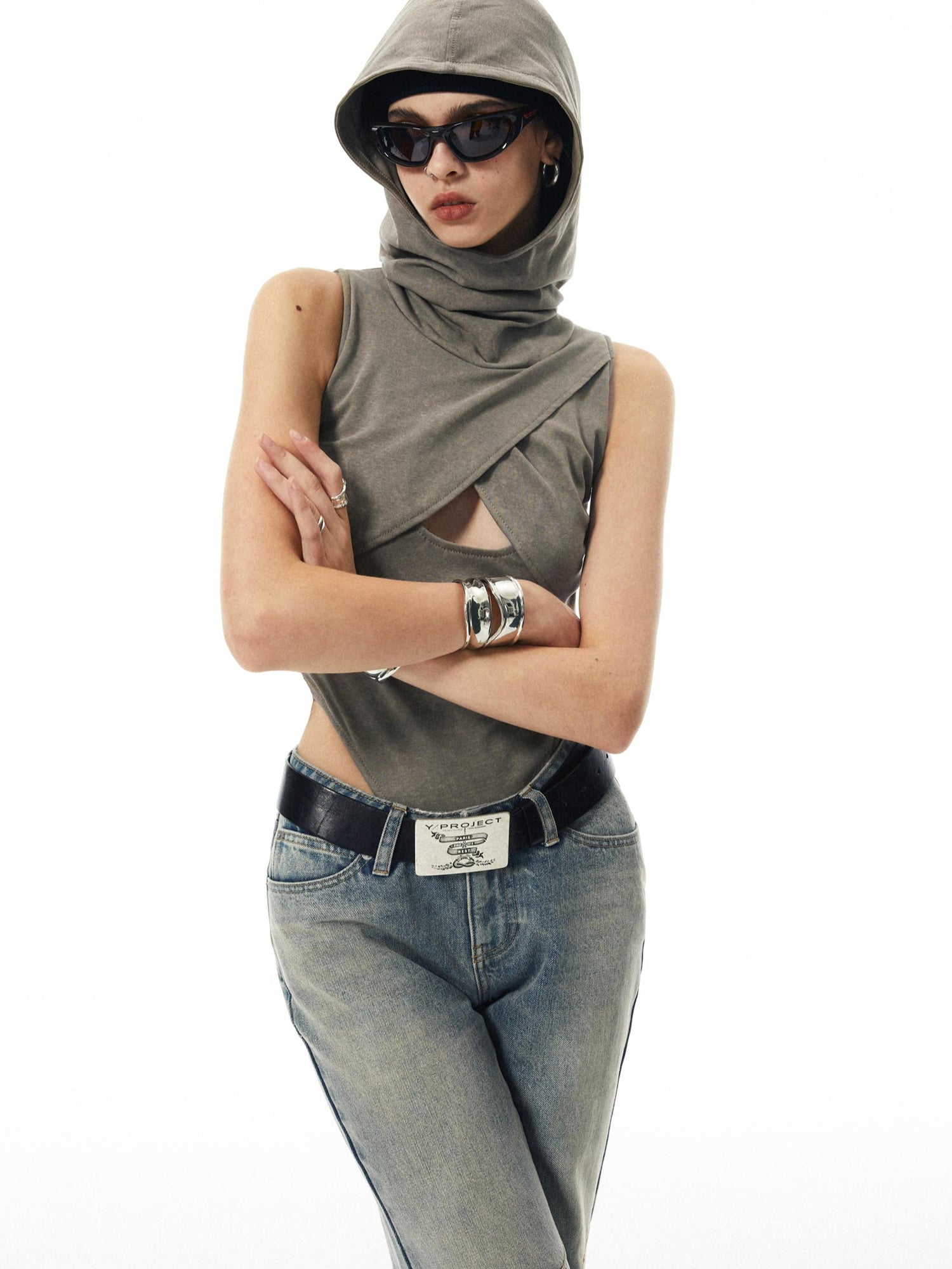 commonce net Washed Khaki Hollowed Hooded Ribbed Jumpsuit