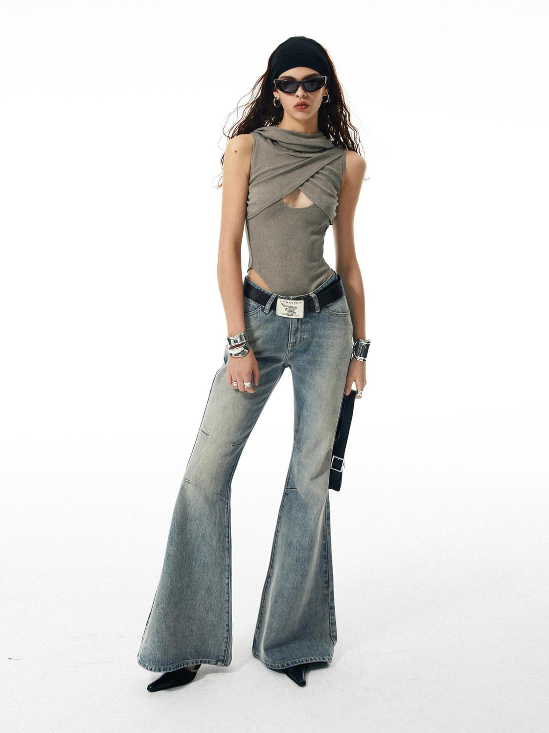 commonce net Washed Khaki Hollowed Hooded Ribbed Jumpsuit