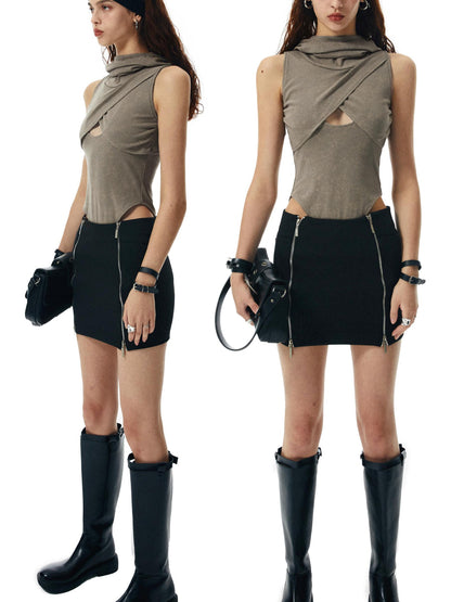 commonce net Washed Khaki Hollowed Hooded Ribbed Jumpsuit