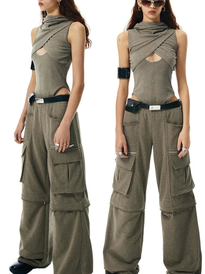 Washed Khaki Hollowed Hooded Ribbed Jumpsuit