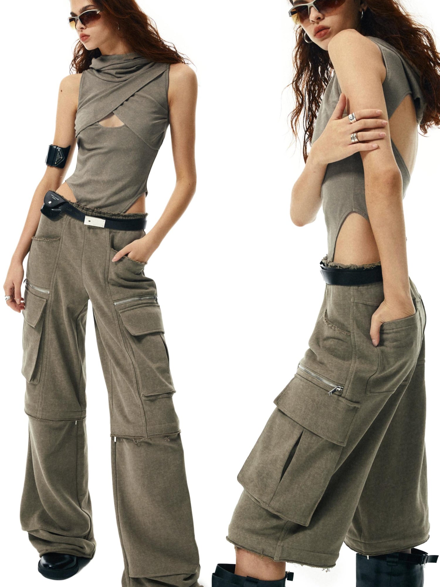 commonce net Washed Khaki Hollowed Hooded Ribbed Jumpsuit