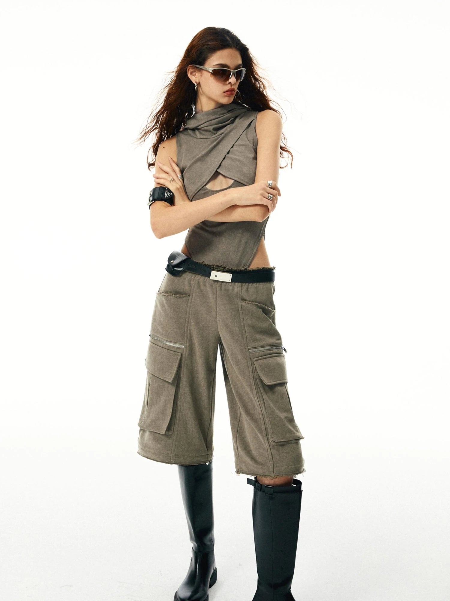 Washed Khaki Hollowed Hooded Ribbed Jumpsuit