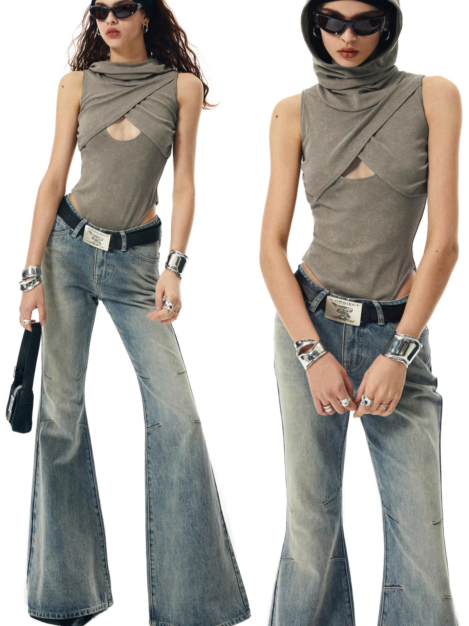 commonce net Washed Khaki Hollowed Hooded Ribbed Jumpsuit
