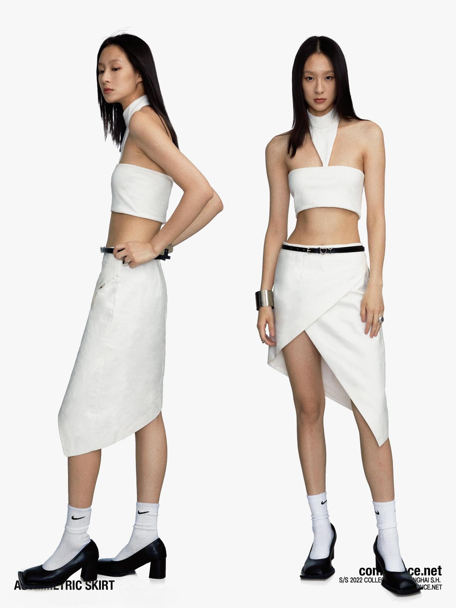 commonce net White Asymmetric High Slit Patchwork Women&