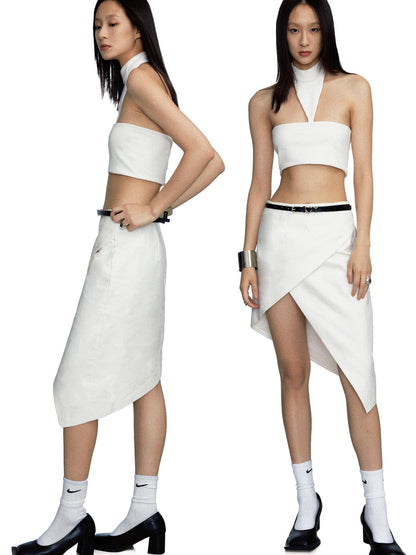commonce net White Asymmetric High Slit Patchwork Women&