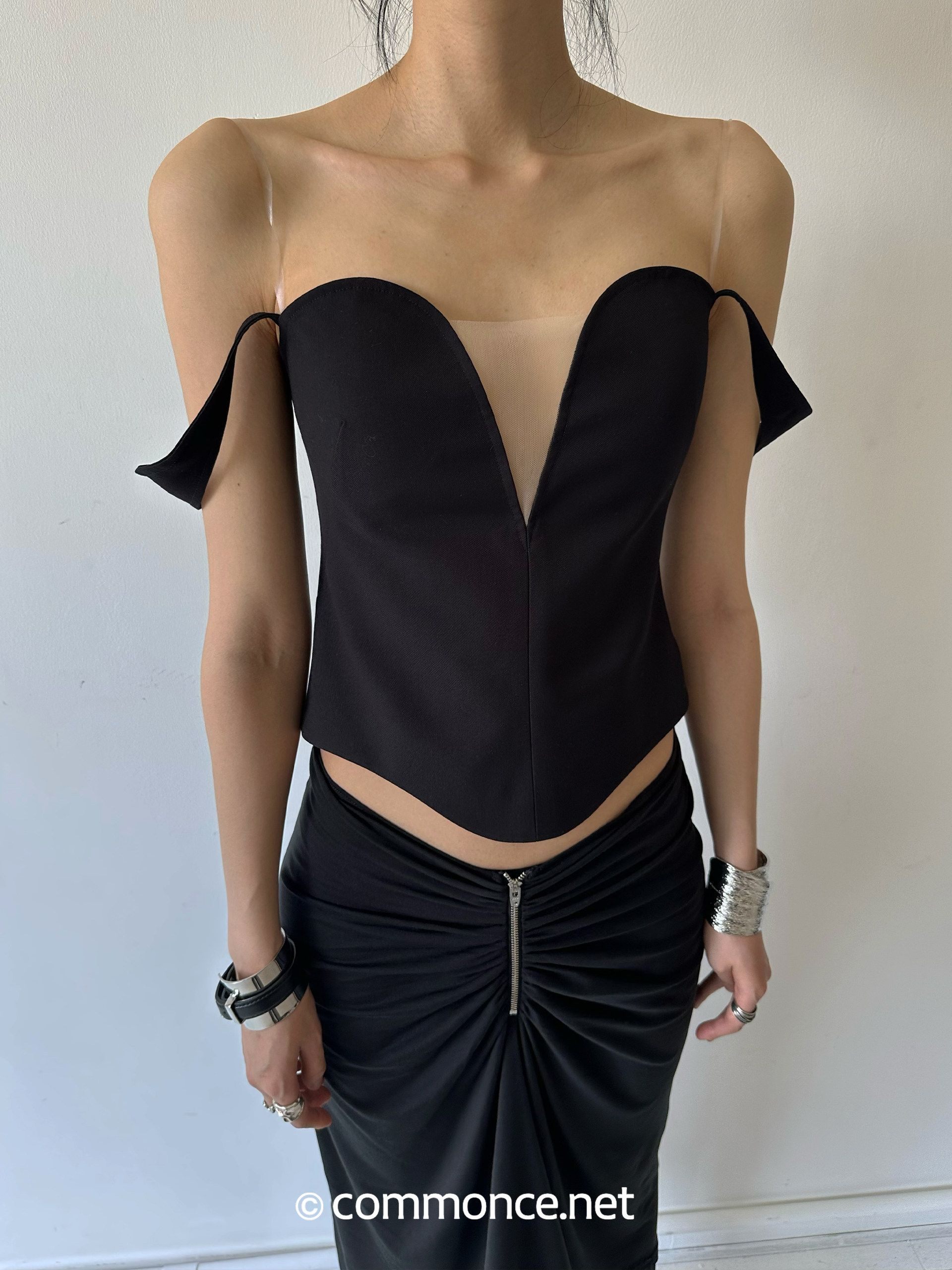 commonce_net_Wide_Strap_Mesh_Splice_V-neck_Bustier_H_Back_Women&