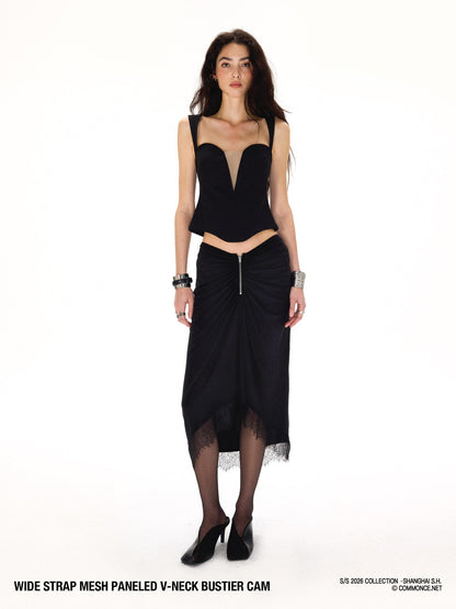 commonce net Wide Strap Mesh Splice V-neck Bustier H Back Women&