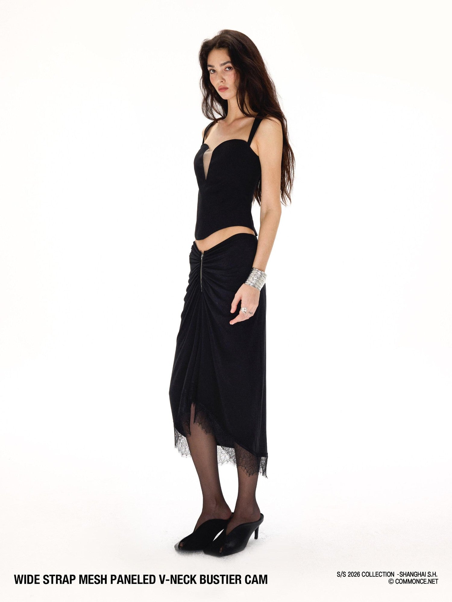commonce net Wide Strap Mesh Splice V-neck Bustier H Back Women&