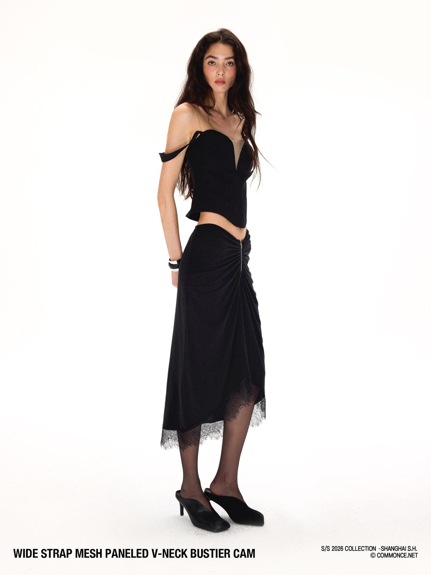 commonce net Wide Strap Mesh Splice V-neck Bustier H Back Women&
