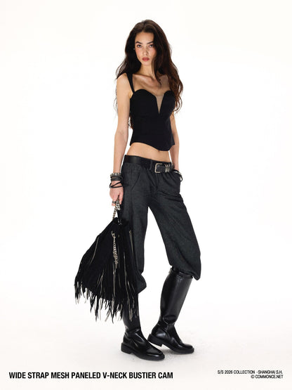 commonce net Wide Strap Mesh Splice V-neck Bustier H Back Women&