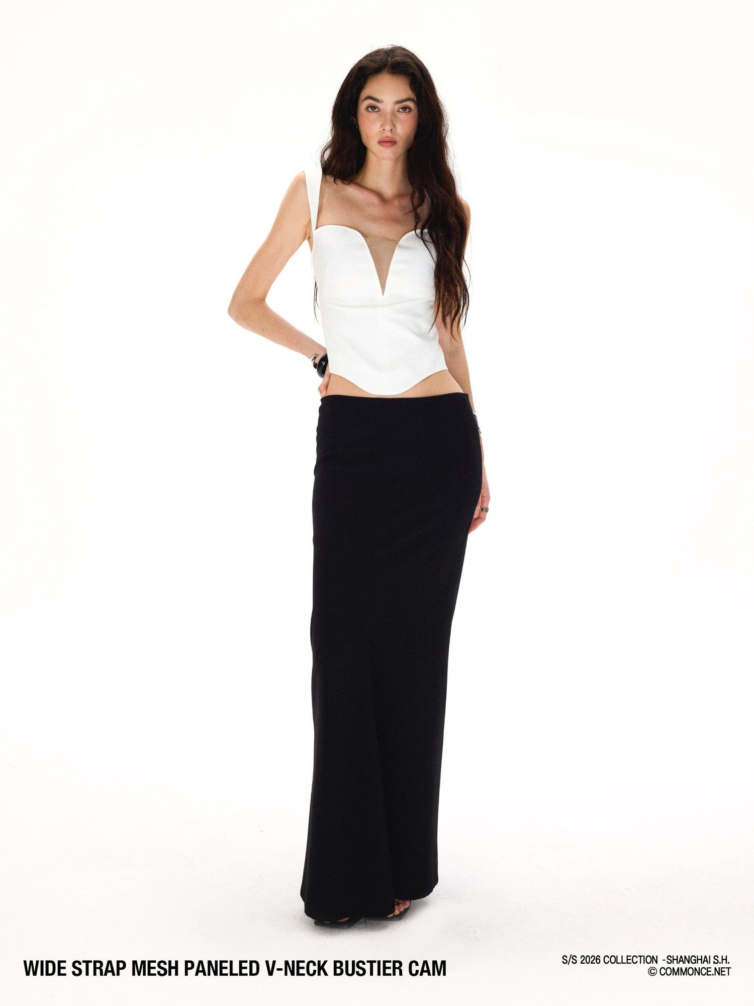 commonce net Wide Strap Mesh Splice V-neck Bustier H Back Women&
