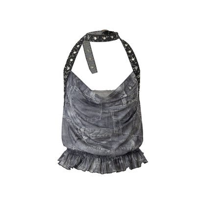 NO ROMANCE Vintage Plaid Mesh Halter Top Slim Fit Blouse