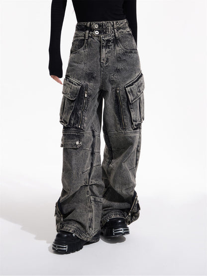 Peoplesense Vintage Utility Cargo Jeans Unisex Wide Leg Trousers