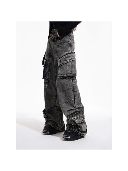Vintage Industrial Washed Wide Leg Cargo Jeans