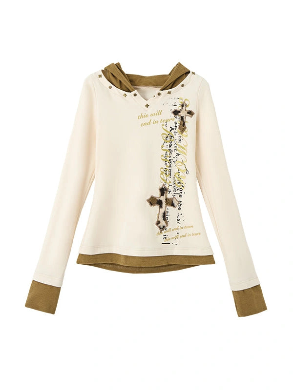 Vintage Punk Street Print Hooded Slim Knit Top