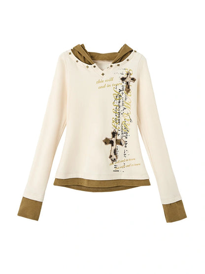 Vintage Punk Street Print Hooded Slim Knit Top