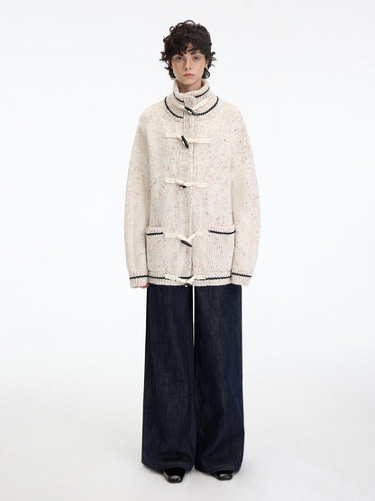 RUN TO THE FUTURE Viscose Wool Blend Button Cardigan Stand Collar Loose Fit Women Apricot Sweaters
