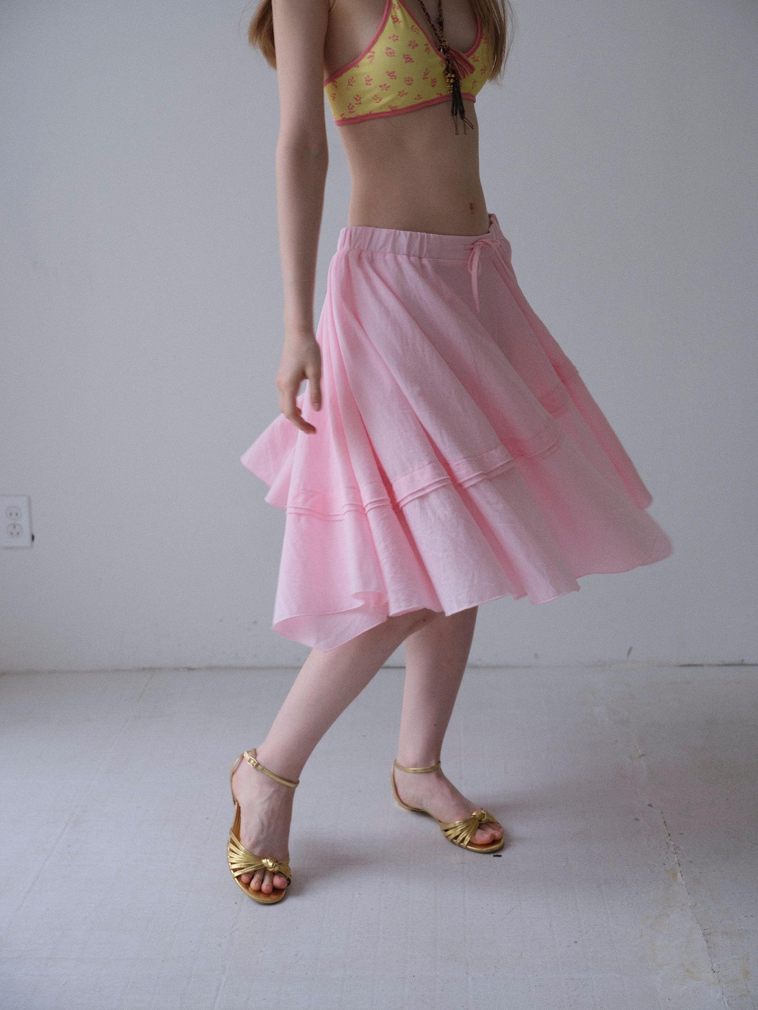 DKZ OFFICIAL Pink Ribbed Elastic Waist Asymmetric A Line Women&