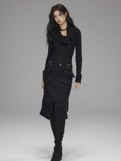 Low pixel Wool Blend Low Rise Cargo Pockets Front Slit Hline Casual Black Midi Skirts