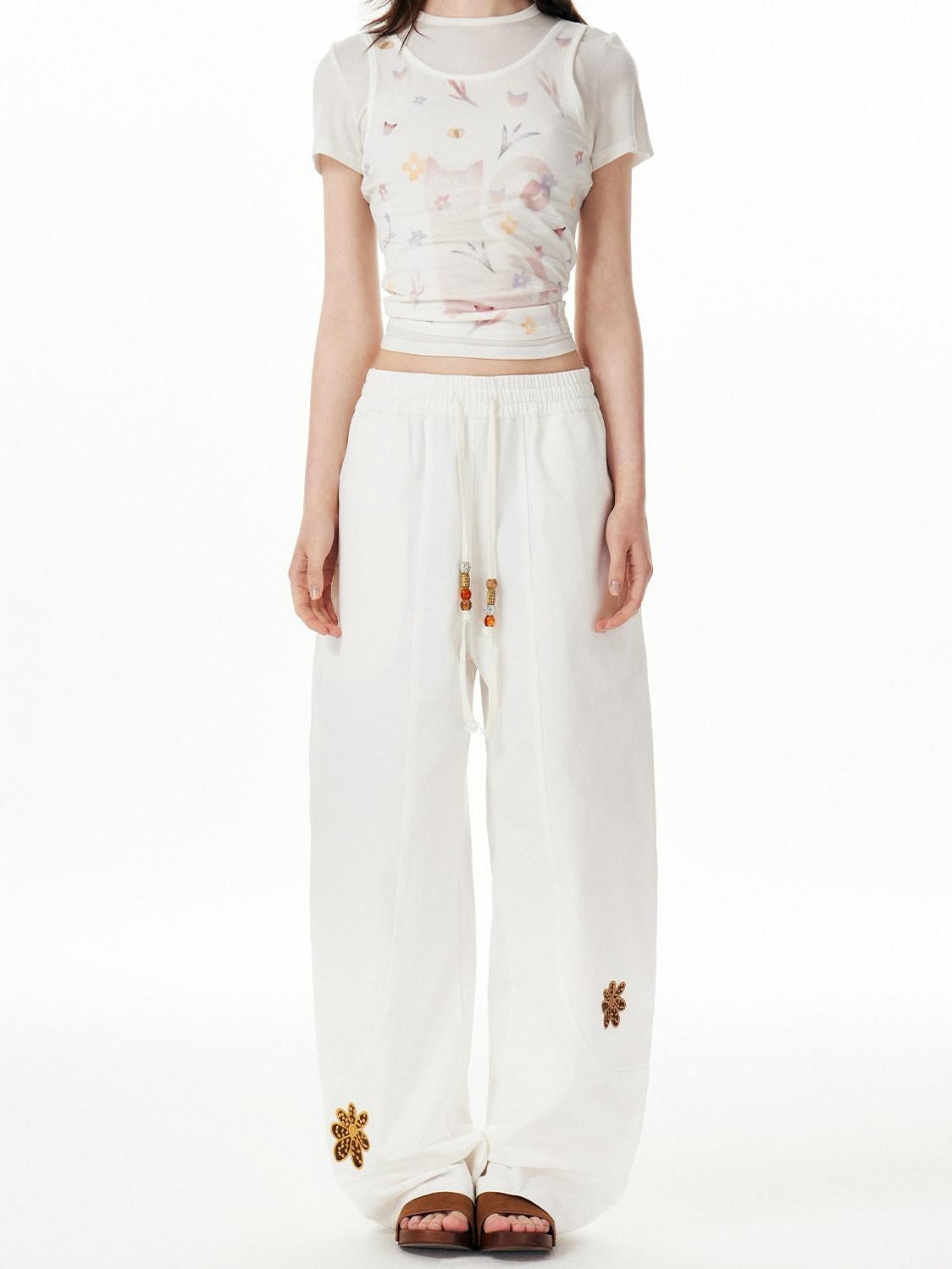 OuttheBlue Cotton Drawstring Pockets Natural Waist Workwear Long White Wide Leg Pants