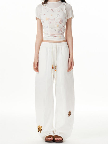 OuttheBlue Cotton Drawstring Pockets Natural Waist Workwear Long White Wide Leg Pants