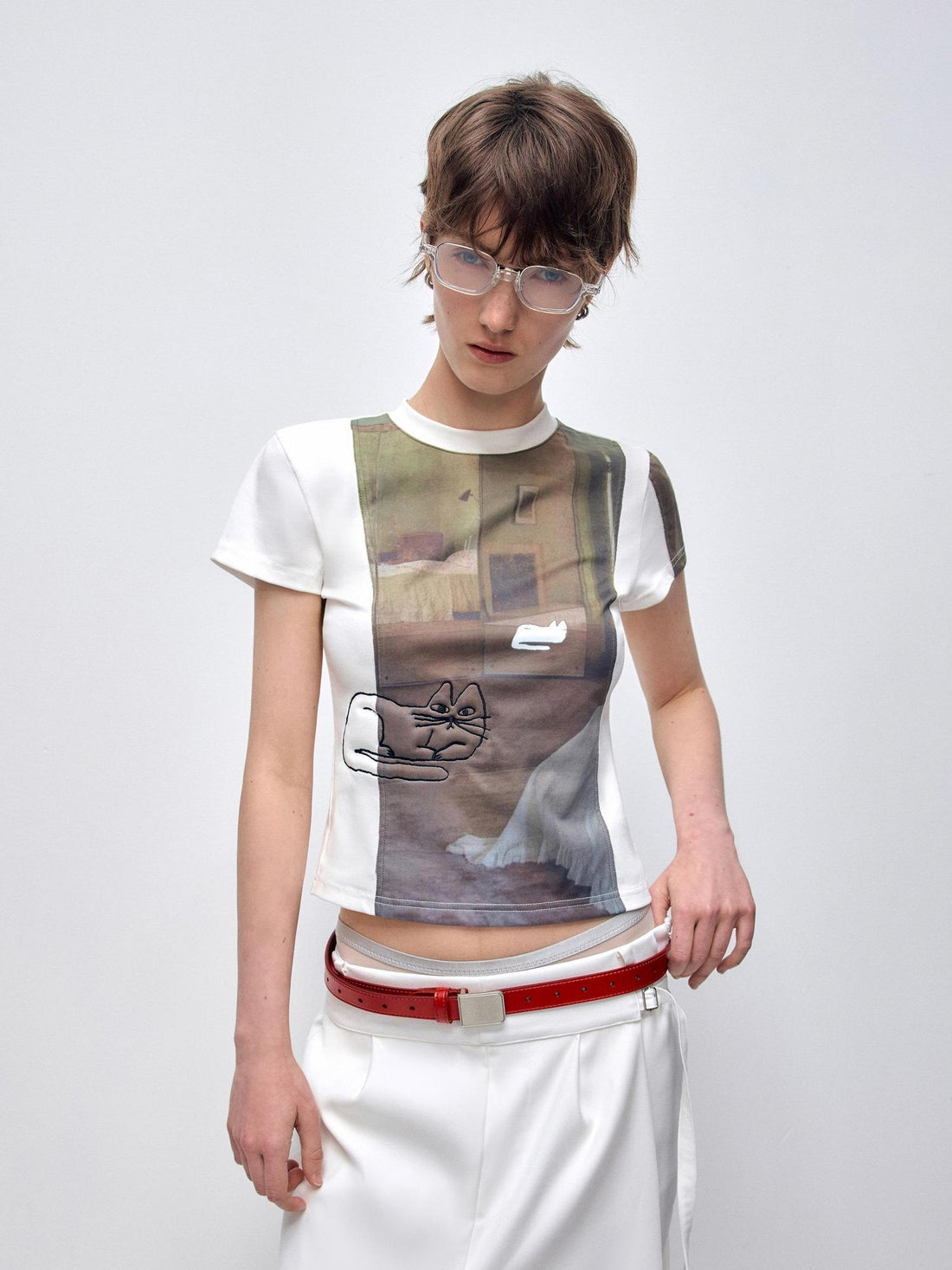 RUN TO THE FUTURE Cotton Stretch Uv Protection Slim Fit Vintage Cat Print Women Crop Tops