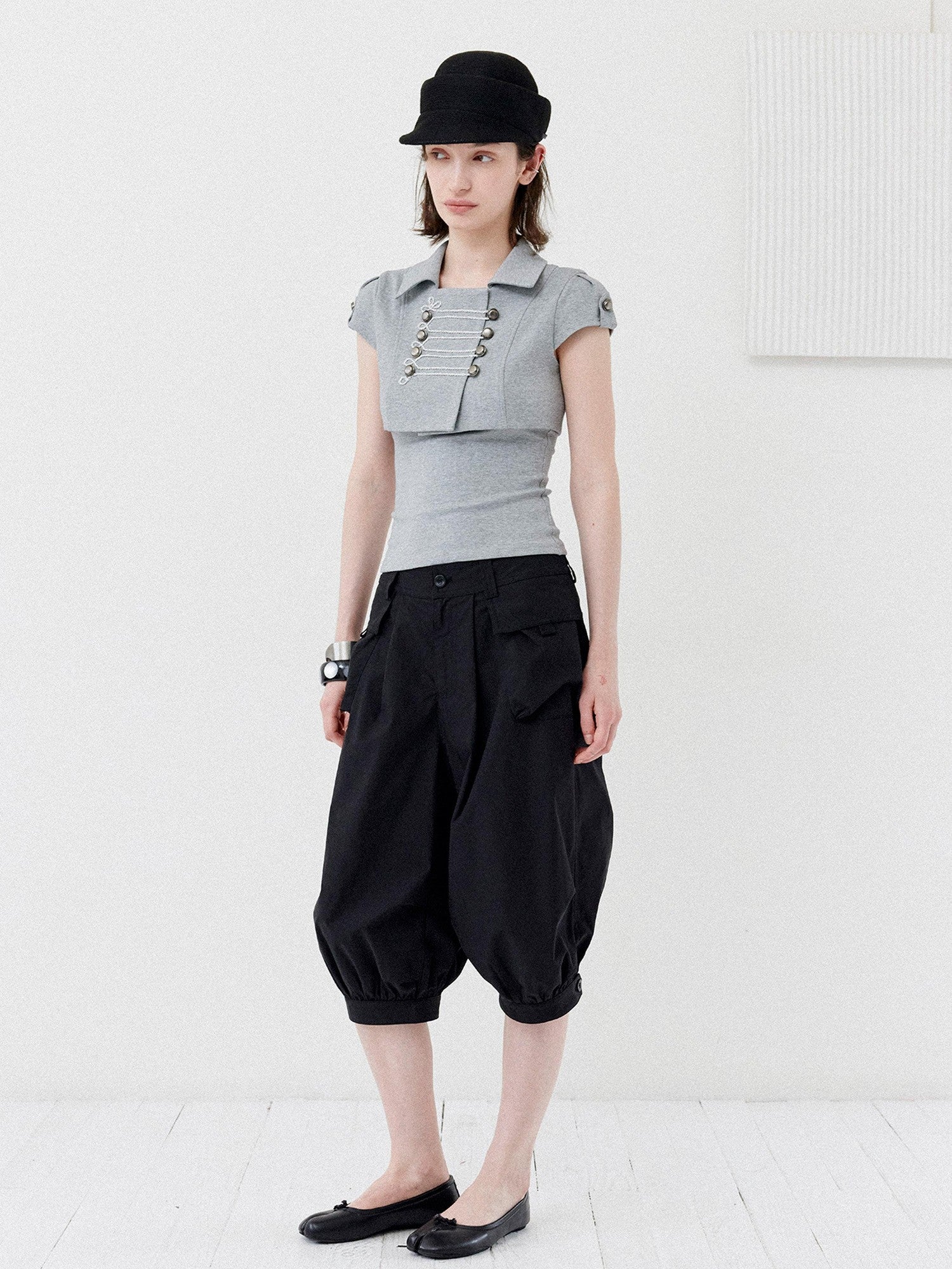 DKZ OFFICIAL Grey Double Breasted Cropped Collared Women&