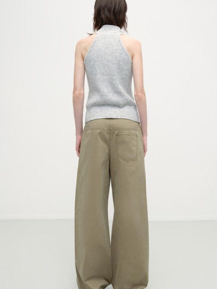RUN TO THE FUTURE Washed Cotton Khaki Cargo Pockets Loose Mid Rise Zip Fly Casual Straight Pants