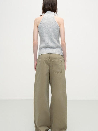 RUN TO THE FUTURE Washed Cotton Khaki Cargo Pockets Loose Mid Rise Zip Fly Casual Straight Pants