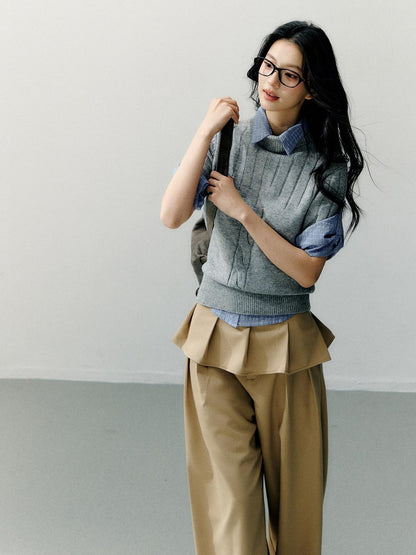 7Shiftin Detachable Lace Trim Natural Waist Casual Khaki Women Wide Leg Pants