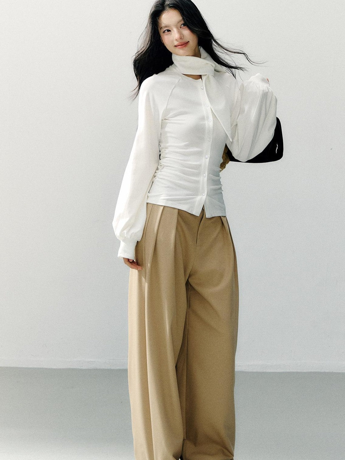 7Shiftin Detachable Lace Trim Natural Waist Casual Khaki Women Wide Leg Pants