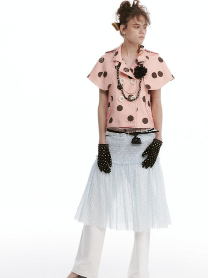 nit alcove Windproof Cotton Stretch Cute Cropped Doublebreasted Unisex Polka Dot Blouses