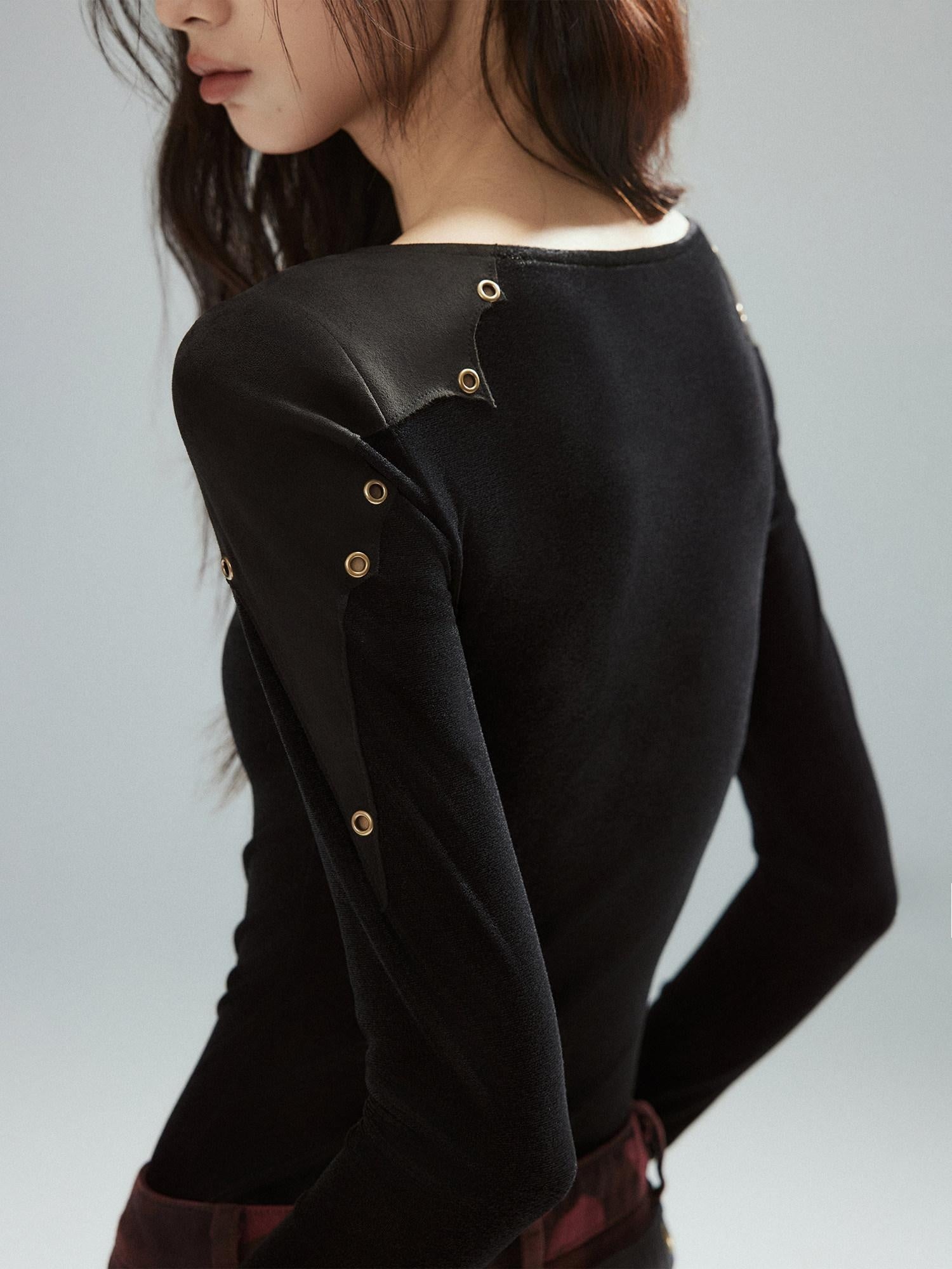 Low pixel Slim Fit Patchwork Casual Crewneck Black Stretch Young Women Long Sleeve T-Shirts