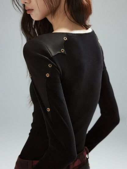 Low pixel Slim Fit Patchwork Casual Crewneck Black Stretch Young Women Long Sleeve T-Shirts