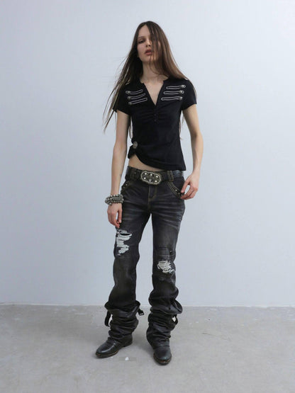 DoublePunch Dark Wash Whisker Distressed Ripped Low Rise Women&