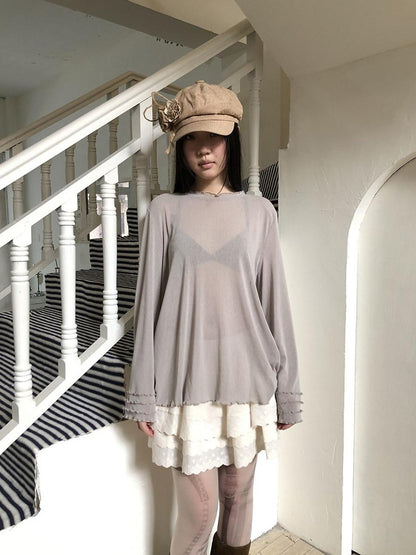 ang project Mocha Sheer Mesh Layered Ruffle Round Neck Women&
