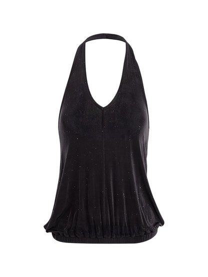 RUN TO THE FUTURE Shimmer Sequin Halter Cropped Unlined Solid Stretch Polyester Women Camisoles